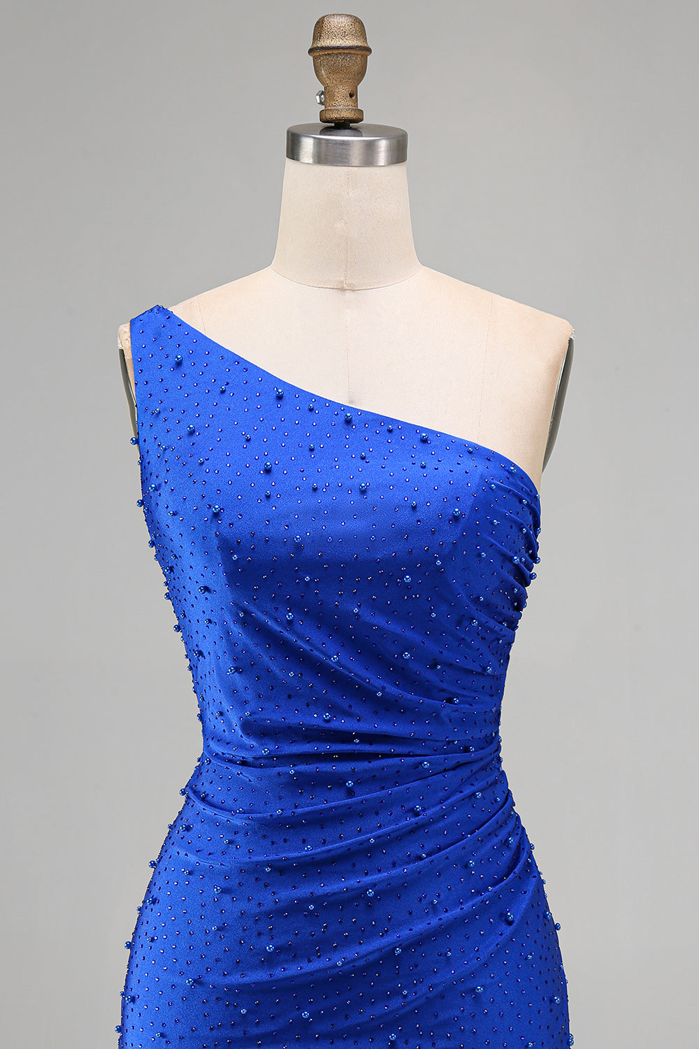 Sparkly Royal Blue Beaded One Shoulder Ruched Short Homecoming Dress