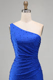 Sparkly Royal Blue Beaded One Shoulder Ruched Short Homecoming Dress