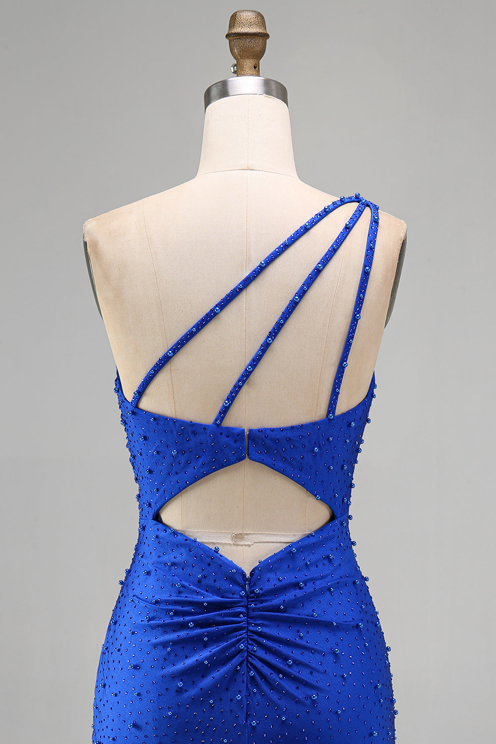 Sparkly Royal Blue Beaded One Shoulder Ruched Short Homecoming Dress