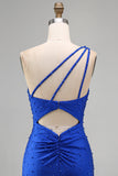 Sparkly Royal Blue Beaded One Shoulder Ruched Short Homecoming Dress