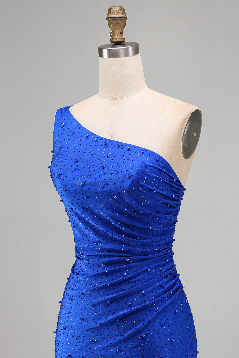 Sparkly Royal Blue Beaded One Shoulder Ruched Short Homecoming Dress