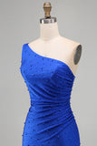 Sparkly Royal Blue Beaded One Shoulder Ruched Short Homecoming Dress