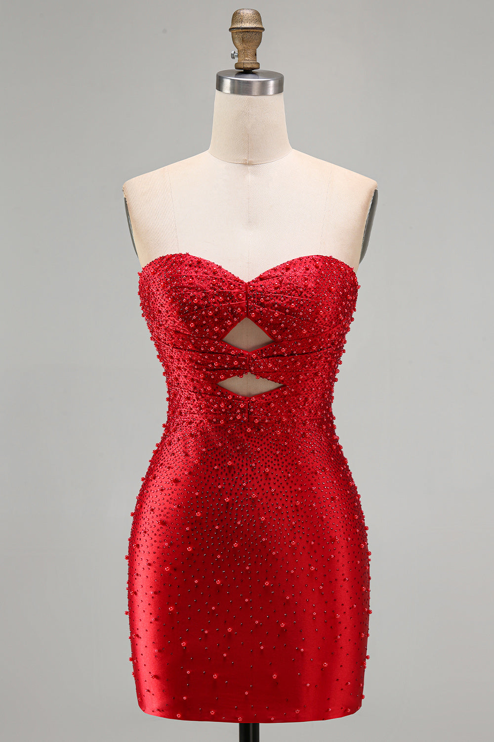 Sparkly Red Keyhole Satin Tight Short Beaded Homecoming Dress