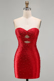 Sparkly Red Keyhole Satin Tight Short Beaded Homecoming Dress