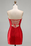 Sparkly Red Keyhole Satin Tight Short Beaded Homecoming Dress