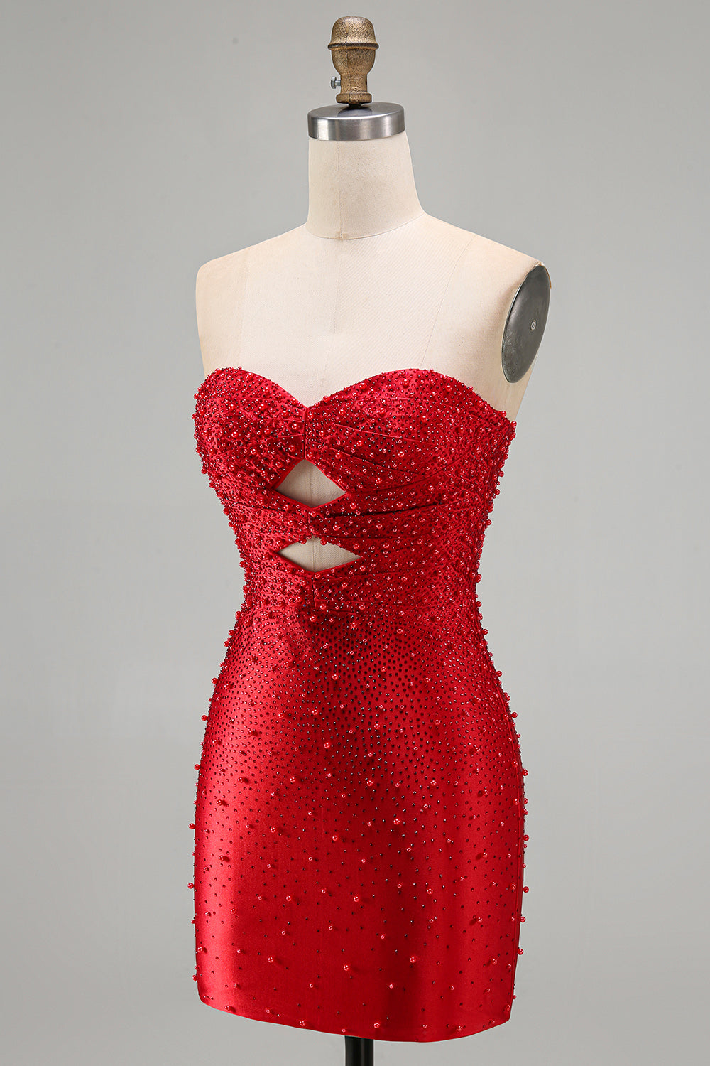 Sparkly Red Keyhole Satin Tight Short Beaded Homecoming Dress