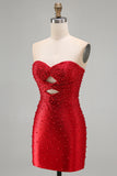 Sparkly Red Keyhole Satin Tight Short Beaded Homecoming Dress