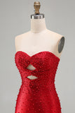 Sparkly Red Keyhole Satin Tight Short Beaded Homecoming Dress