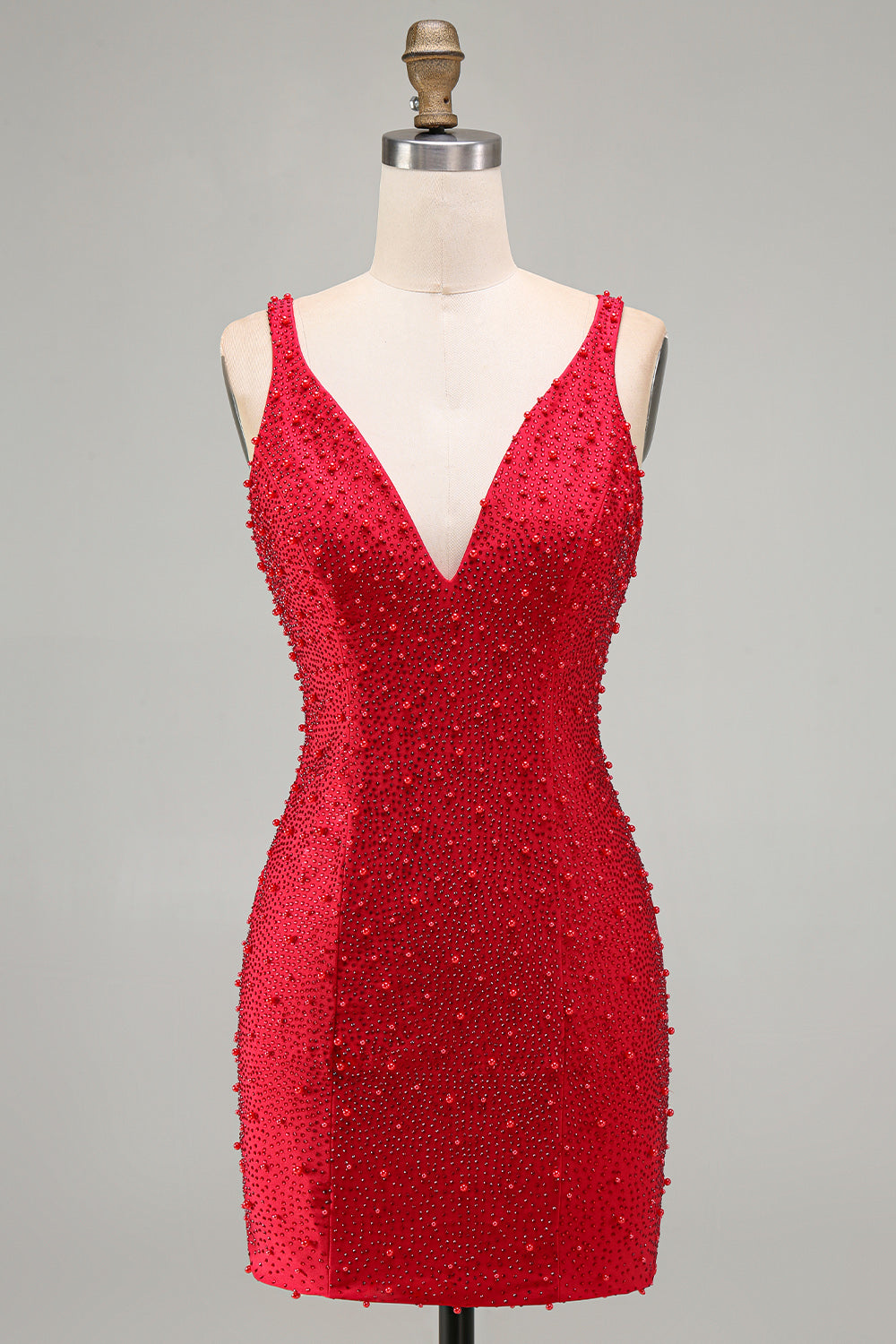Sparkly Red V-Neck Tight Beaded Short Homecoming Dress
