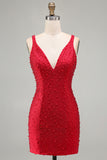 Sparkly Red V-Neck Tight Beaded Short Homecoming Dress
