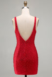Sparkly Red V-Neck Tight Beaded Short Homecoming Dress