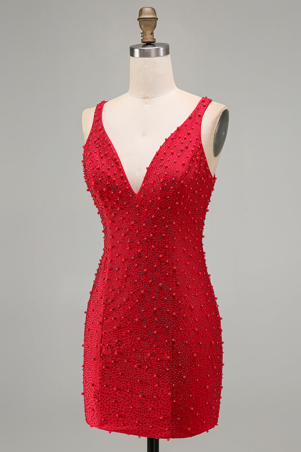 Sparkly Red V-Neck Tight Beaded Short Homecoming Dress