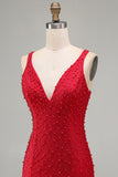 Sparkly Red V-Neck Tight Beaded Short Homecoming Dress
