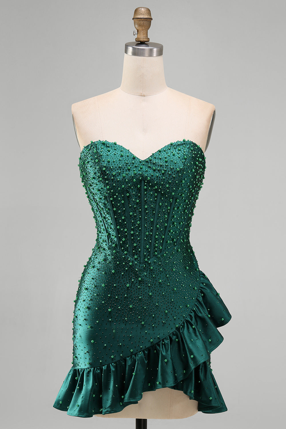 Sparkly Dark Green Sweetheart Tight Ruffled Short Corset Homecoming Dress