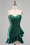 Sparkly Dark Green Sweetheart Tight Ruffled Short Corset Homecoming Dress