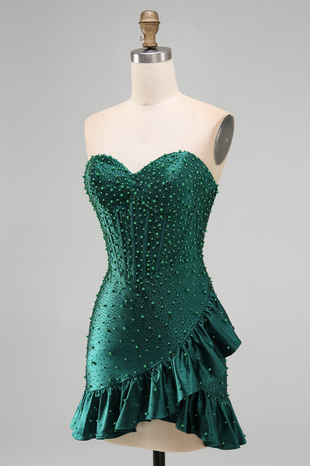 Sparkly Dark Green Sweetheart Tight Ruffled Short Corset Homecoming Dress