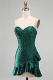 Sparkly Dark Green Sweetheart Tight Ruffled Short Corset Homecoming Dress