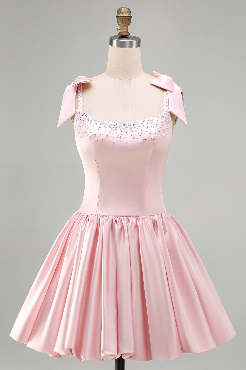 Pink Satin Beaded A Line Short Homecoming Dress with Bows