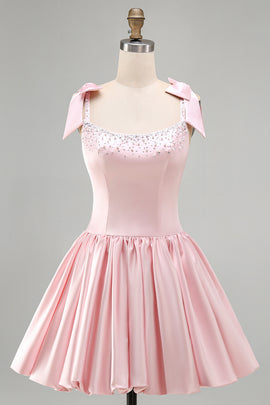 Pink Satin Beaded A Line Short Homecoming Dress with Bows