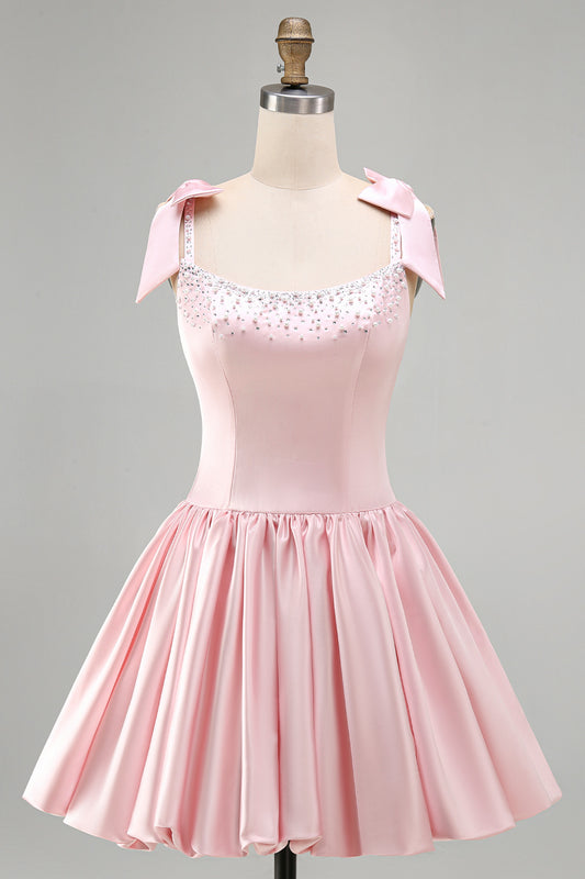 Pink Satin Beaded A Line Short Homecoming Dress with Bows