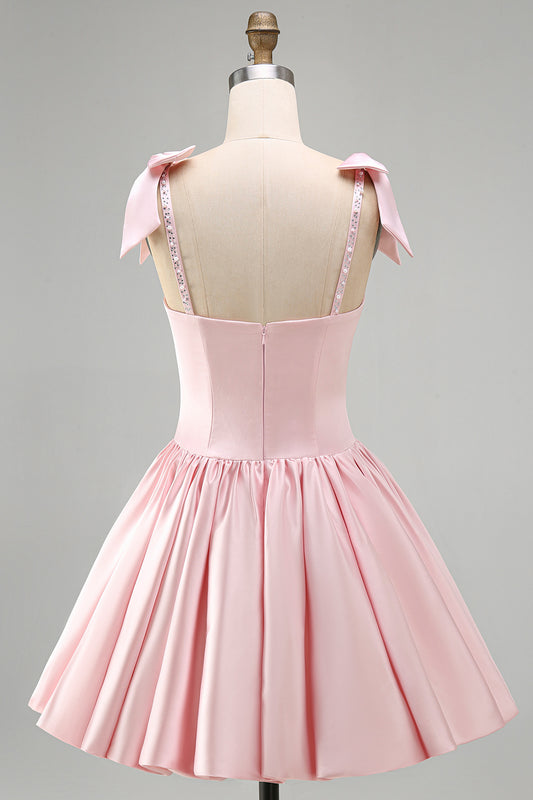 Pink Satin Beaded A Line Short Homecoming Dress with Bows