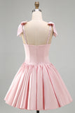 Pink Satin Beaded A Line Short Homecoming Dress with Bows