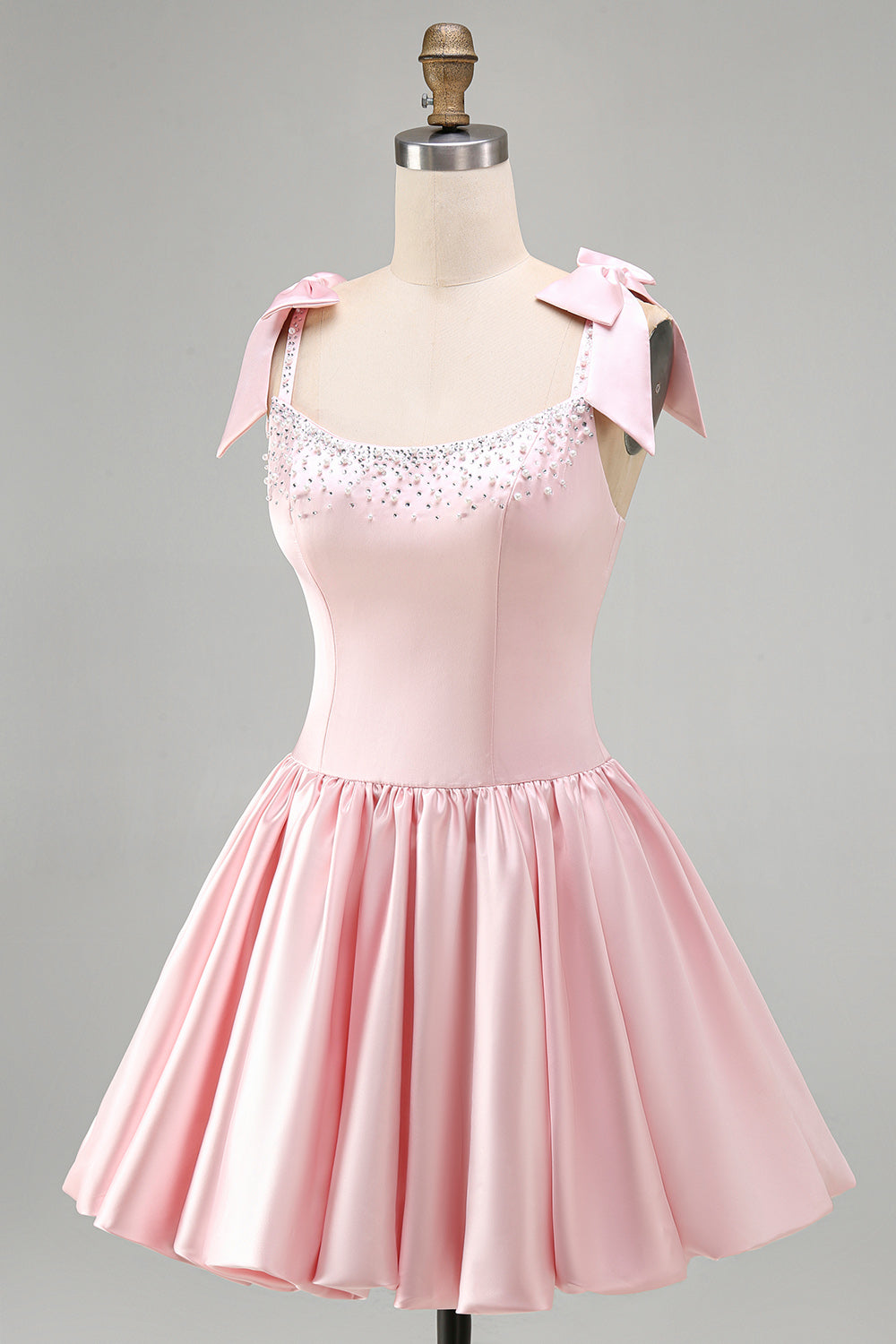 Pink Satin Beaded A Line Short Homecoming Dress with Bows
