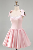 Pink Satin Beaded A Line Short Homecoming Dress with Bows