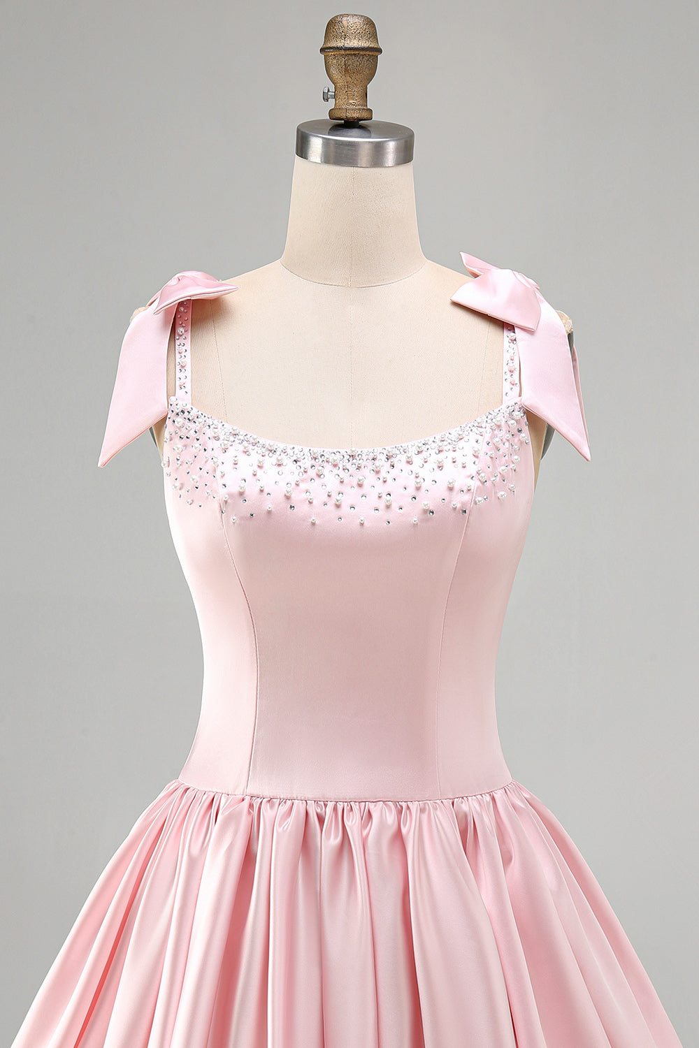 Pink Satin Beaded A Line Short Homecoming Dress with Bows