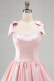 Pink Satin Beaded A Line Short Homecoming Dress with Bows