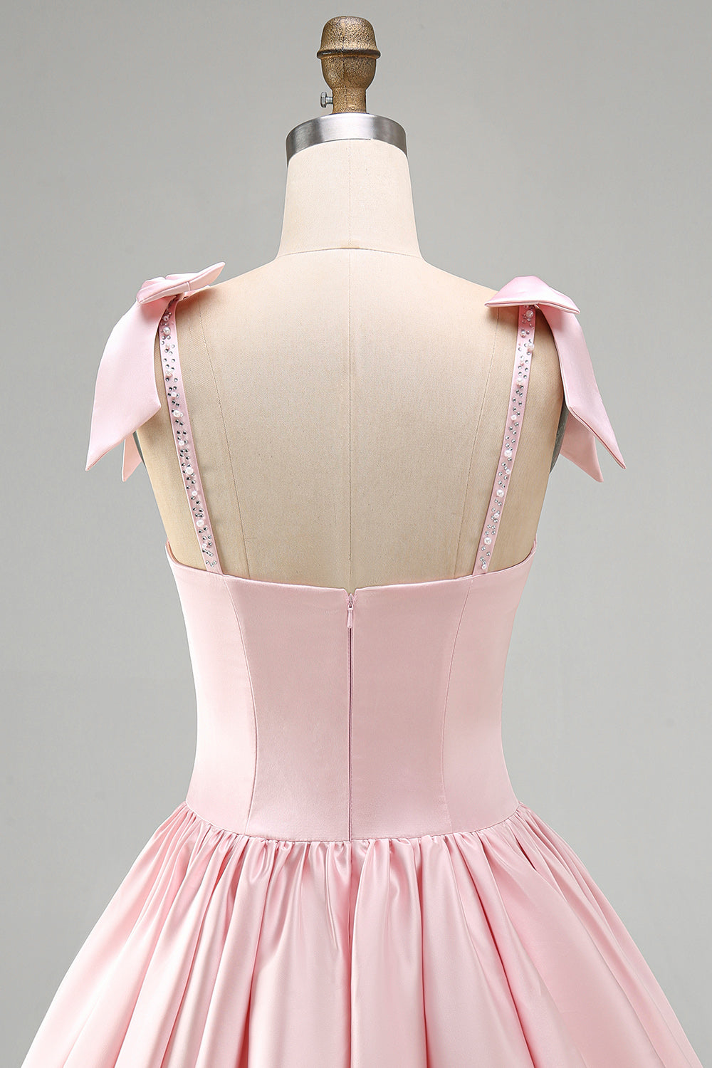 Pink Satin Beaded A Line Short Homecoming Dress with Bows
