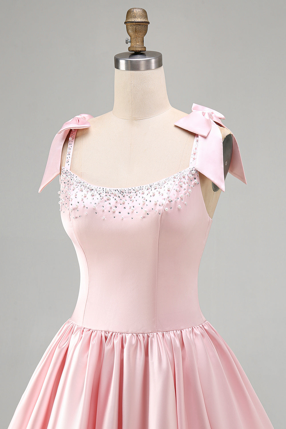 Pink Satin Beaded A Line Short Homecoming Dress with Bows