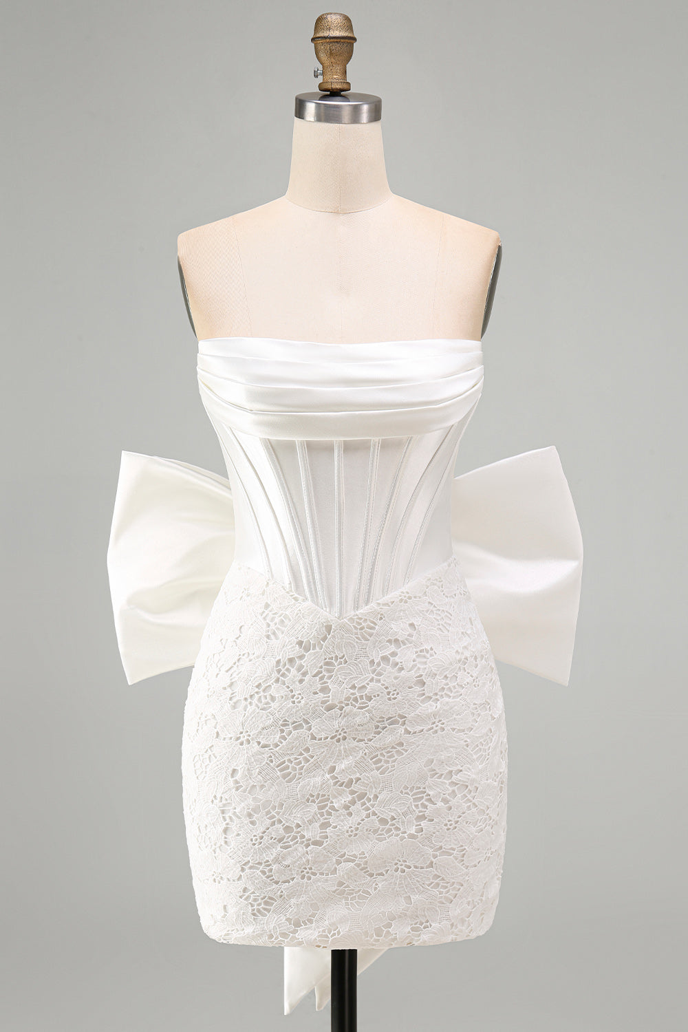 White Lace Corset Tight Ruched Strapless Short Homecoming Dress with Bow