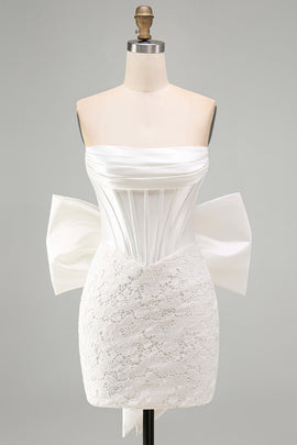 White Lace Corset Tight Ruched Strapless Short Homecoming Dress with Bow