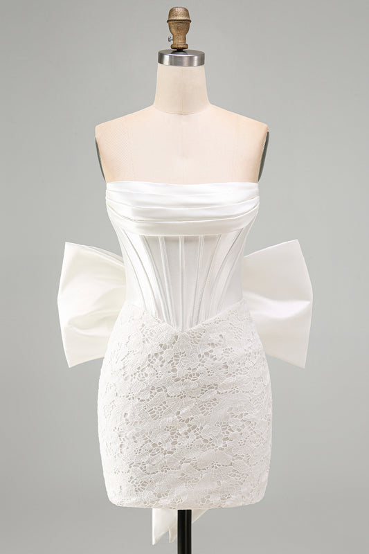 White Lace Corset Tight Ruched Strapless Short Homecoming Dress with Bow