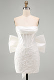 White Lace Corset Tight Ruched Strapless Short Homecoming Dress with Bow