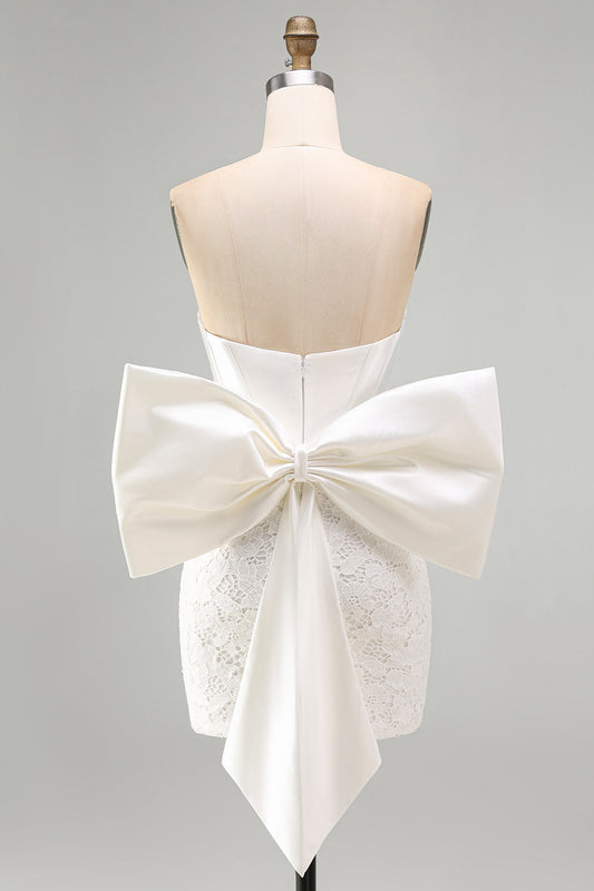 White Lace Corset Tight Ruched Strapless Short Homecoming Dress with Bow