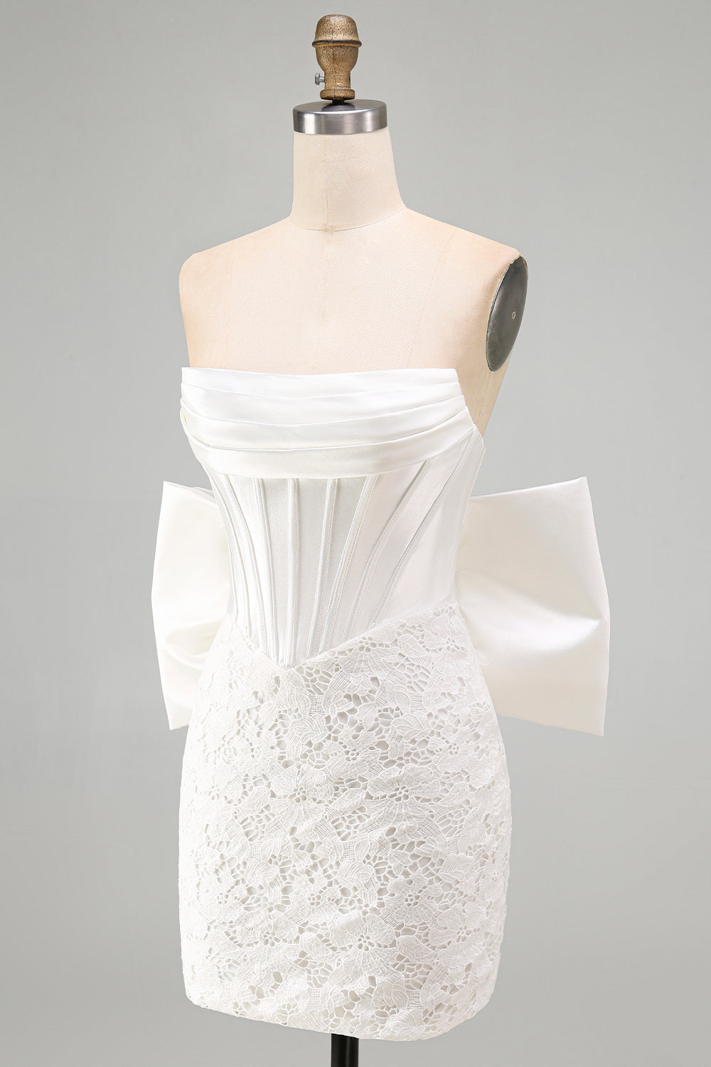 White Lace Corset Tight Ruched Strapless Short Homecoming Dress with Bow