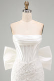 White Lace Corset Tight Ruched Strapless Short Homecoming Dress with Bow