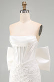 White Lace Corset Tight Ruched Strapless Short Homecoming Dress with Bow