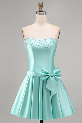 Mint Satin A Line Strapless Ruched Short Homecoming Dress with Bow
