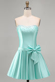 Mint Satin A Line Strapless Ruched Short Homecoming Dress with Bow