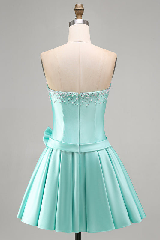 Mint Satin A Line Strapless Ruched Short Homecoming Dress with Bow