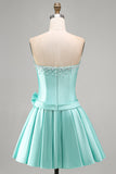 Mint Satin A Line Strapless Ruched Short Homecoming Dress with Bow