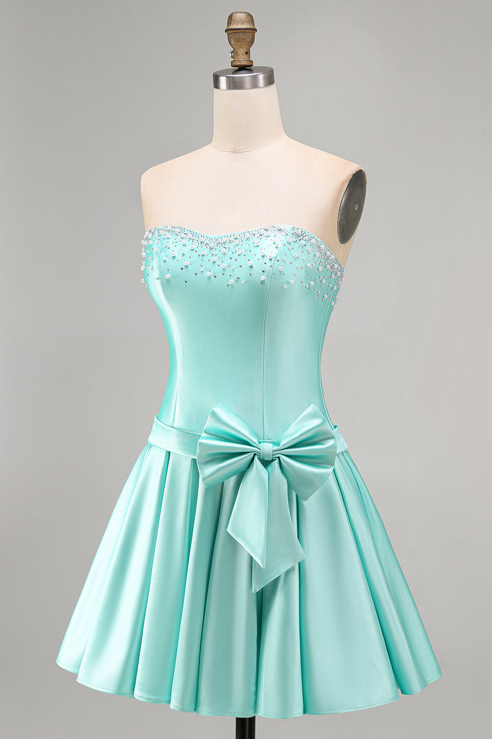 Mint Satin A Line Strapless Ruched Short Homecoming Dress with Bow