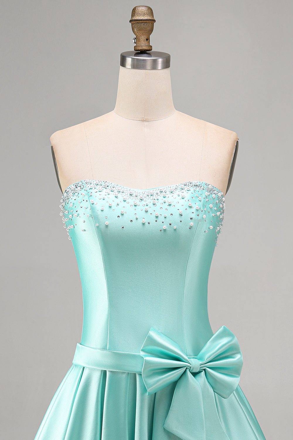 Mint Satin A Line Strapless Ruched Short Homecoming Dress with Bow