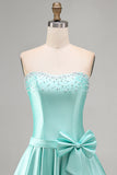 Mint Satin A Line Strapless Ruched Short Homecoming Dress with Bow