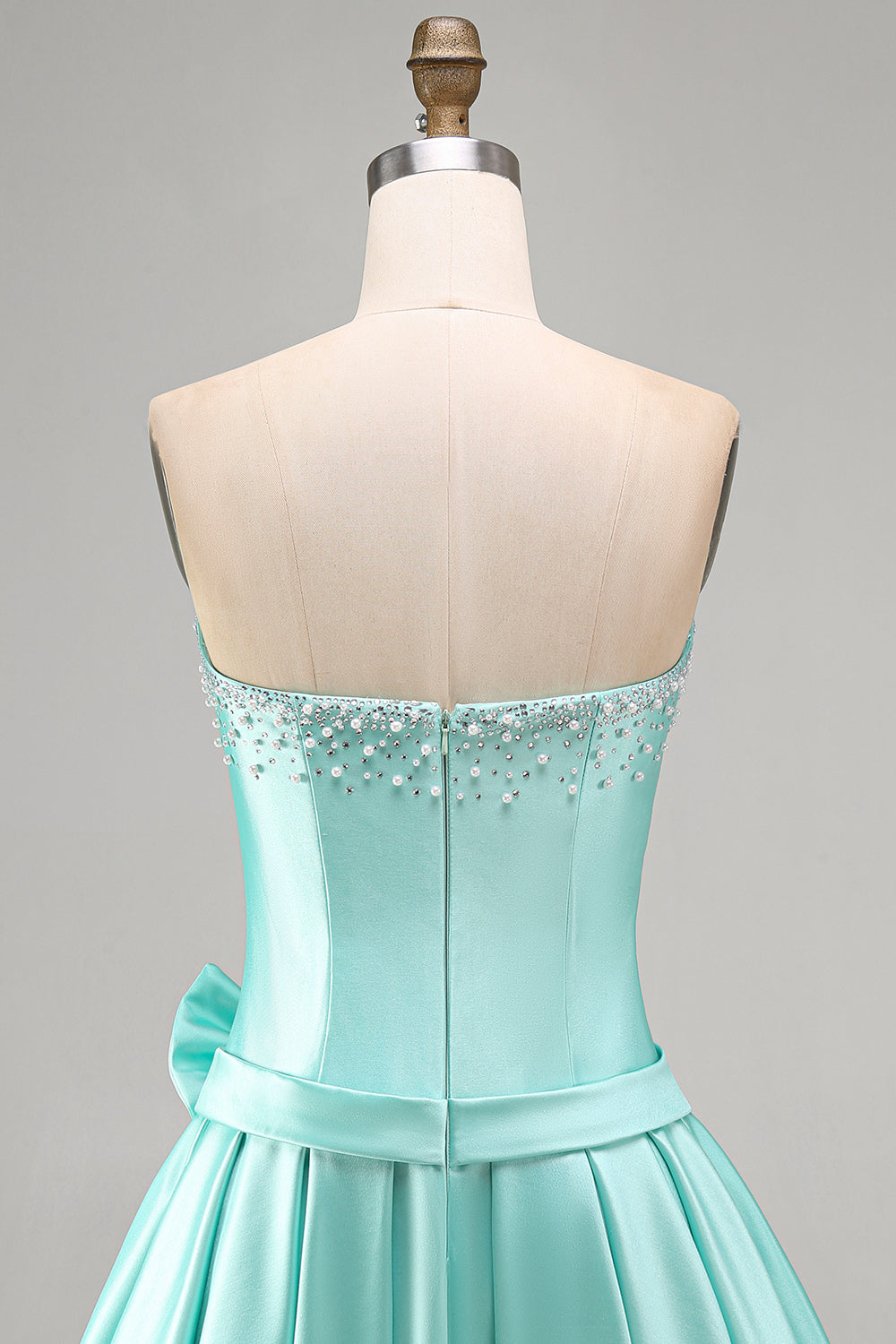 Mint Satin A Line Strapless Ruched Short Homecoming Dress with Bow
