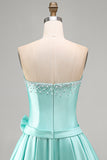Mint Satin A Line Strapless Ruched Short Homecoming Dress with Bow