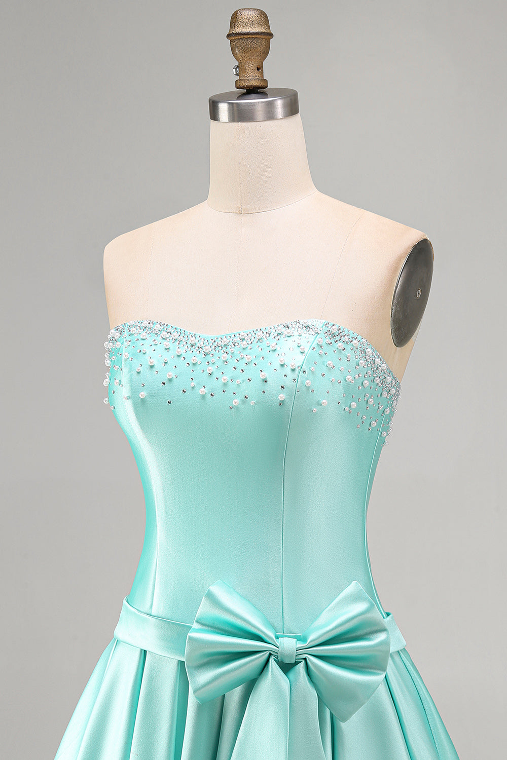 Mint Satin A Line Strapless Ruched Short Homecoming Dress with Bow